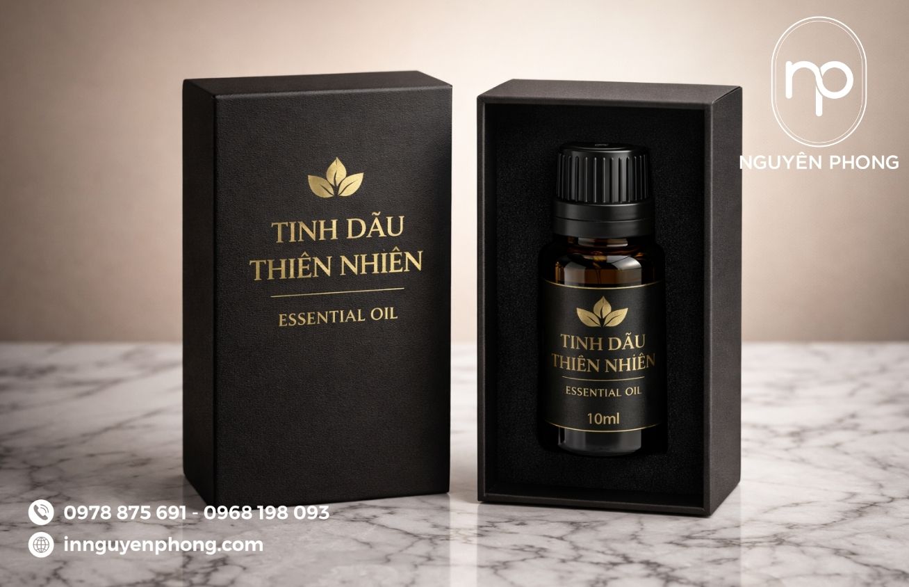 Mẫu in hộp đựng tinh dầu in ép kim logo 